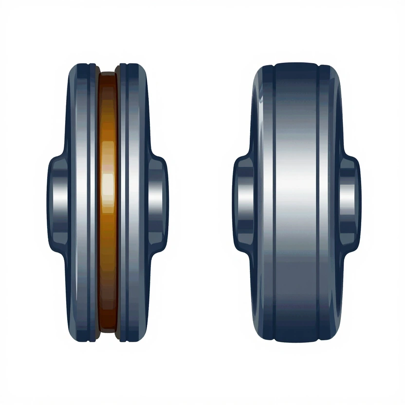 Technical diagram showing cross-section of two engine bearings side by side, left showing tight clearance with thin 0W-20 oil film, right showing wider clearance with thicker 5W-30 oil film, clean technical illustration style on white background, blue and gray tones, no text labels readable, no watermarks
