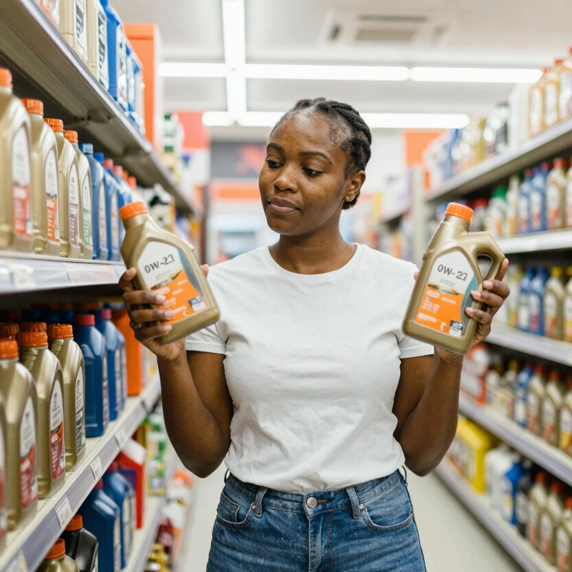 Black woman in her 30s standing in an auto parts store aisle, holding two motor oil bottles and comparing the labels, one 0W-20 and one 5W-30, fluorescent store lighting, oil aisle shelves in background with warm orange product packaging, focused expression, medium shot, no text visible on bottles, no watermarks