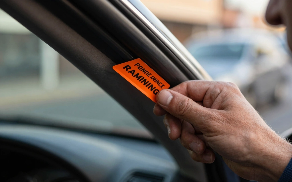 Mechanic&rsquo;s hand placing a windshield service reminder sticker on the inside corner of a car windshield, with a bright orange sticker showing mileage numbers