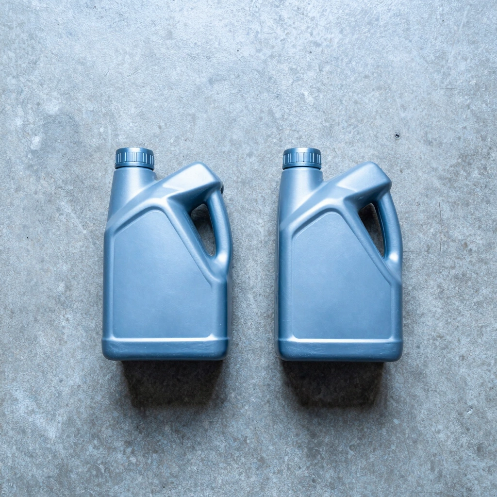 Two identical motor oil bottles on a concrete floor, one labeled 5W-20 and one 5W-30, photographed from above in stark overhead workshop lighting, cool blue-gray concrete background, symmetric composition