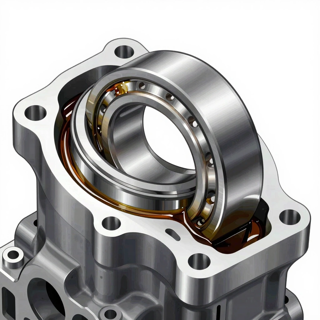 Technical close-up of a precision engine bearing surface with visible oil film coating, machined metal surface under direct lighting