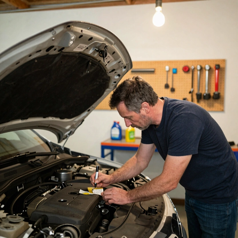 Caucasian man in his 40s at a well-equipped home garage workbench, writing oil change mileage on a piece of masking tape that he&rsquo;s placing on a quart of AMSOIL oil, focused and methodical, warm garage lighting, shelves of tools and supplies in background, no text, no watermarks