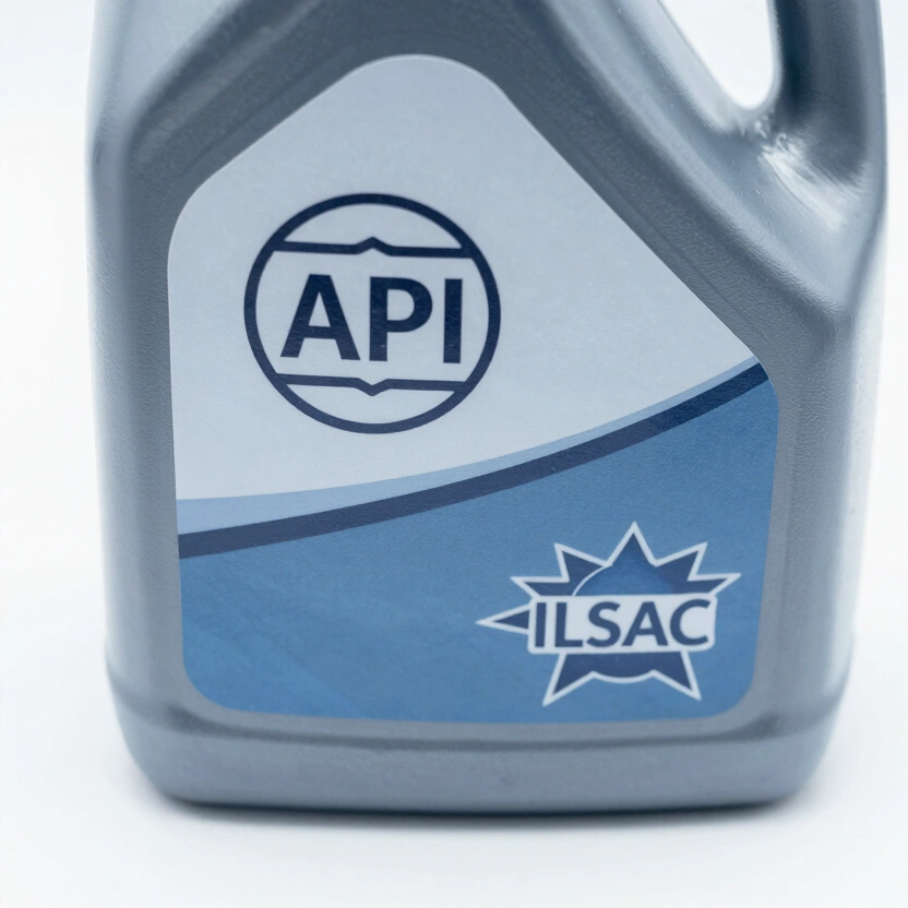 Close-up of motor oil bottle showing the API &ldquo;donut&rdquo; certification symbol and ILSAC starburst on the label, clear focus on the certification stamps, glass or plastic bottle surface catching light, neutral background, no text visible beyond the certification stamps, no watermarks