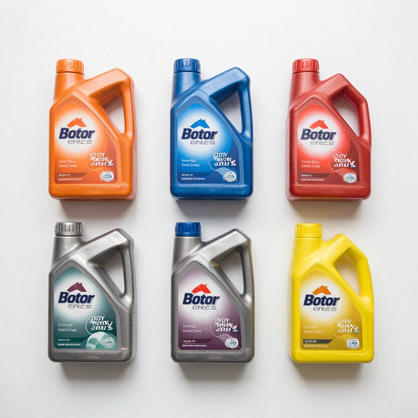 Overhead view of multiple motor oil bottles spread on a white surface, labels facing up showing various API SP and ILSAC GF-6A certification stamps, clean studio lighting, wide variety of brand colors visible, no text readable, no watermarks