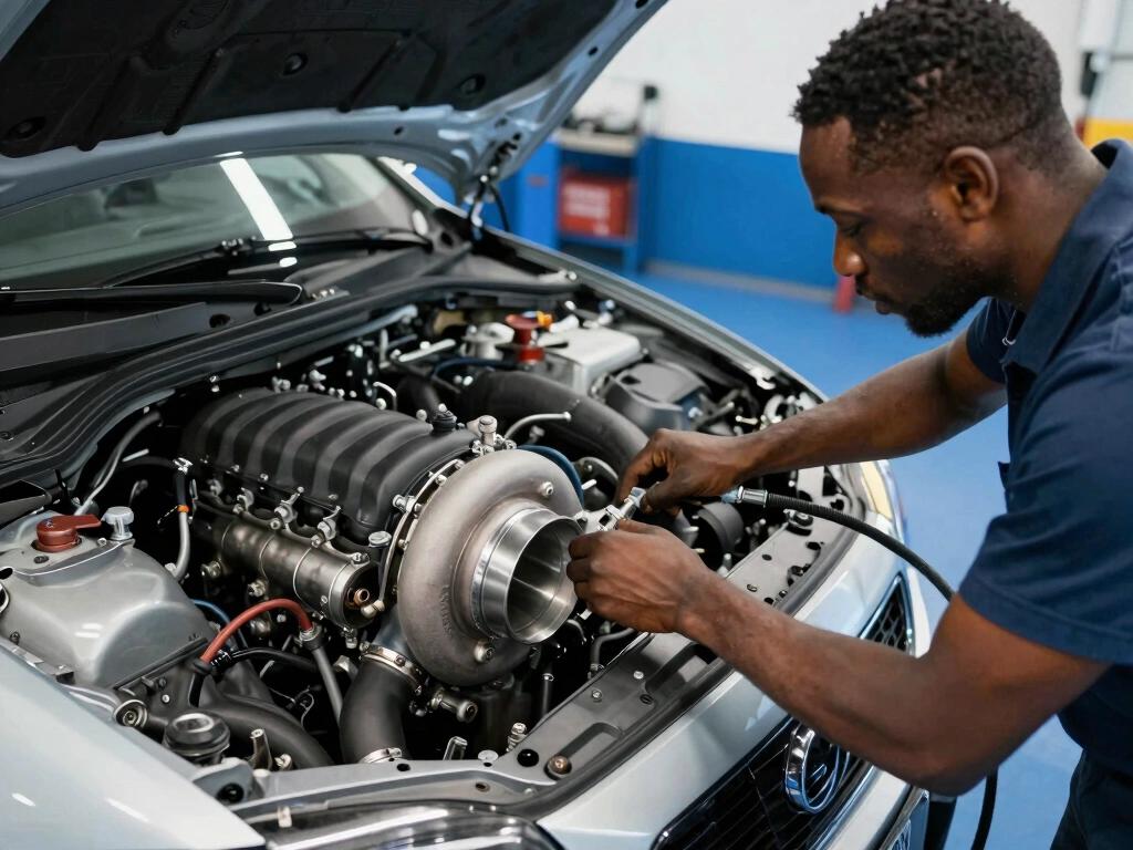 Black male mechanic in his 30s checking oil level on a Turbocharged Engine in an indoor service bay, bright overhead LED shop lighting illuminating the engine bay, engine cover removed showing turbocharger and intake components, focused expression, clean blue shop floor, modern vehicle on lift, no text, no watermarks