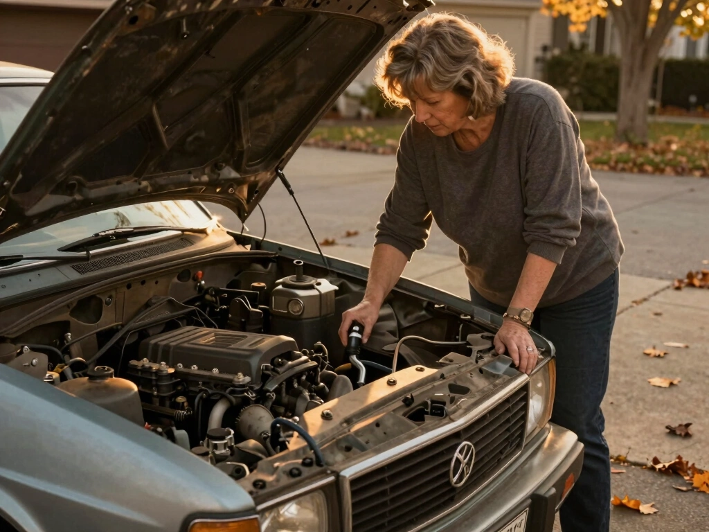 Caucasian woman in her 40s checking the oil dipstick on an older sedan in a suburban driveway, late afternoon light casting warm golden tones across the weathered car hood, focused expression, engine bay showing wear and age, autumn-colored leaves on surrounding pavement, no text, no watermarks