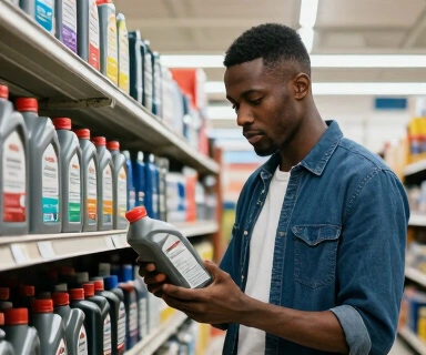 Black man in his 20s looking at motor oil bottles in an auto parts store, holding a bottle and reading the back label showing certification specifications, bright retail lighting, shelves behind him, concentrated expression, no readable text on bottle, no watermarks