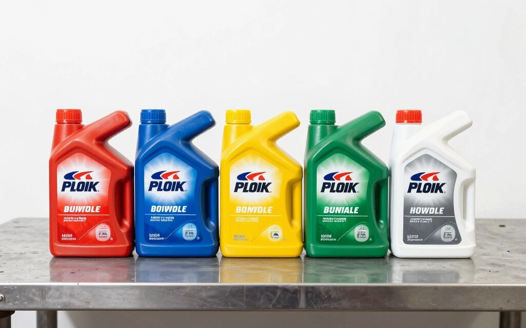Five motor oil containers from different brands arranged in a row on a workshop bench — Mobil 1, Castrol EDGE, Royal Purple, Valvoline, and Pennzoil — showing their distinct packaging colors