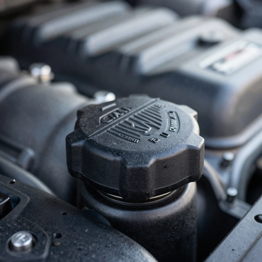 Close-up of a modern GM engine oil filler cap showing dexos specification marking, clean engine bay, chrome and black engine components, natural daylight through open hood, no text visible beyond the cap marking, no watermarks