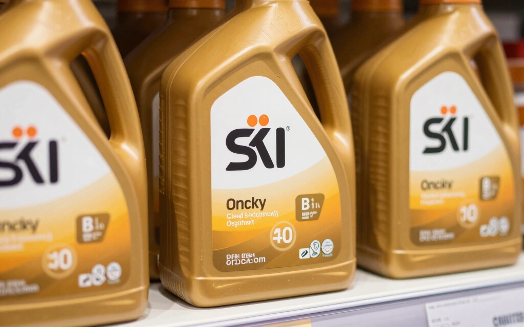 Close-up of motor oil bottle labels on a shelf showing API SP certification marks and SAE viscosity grade numbers