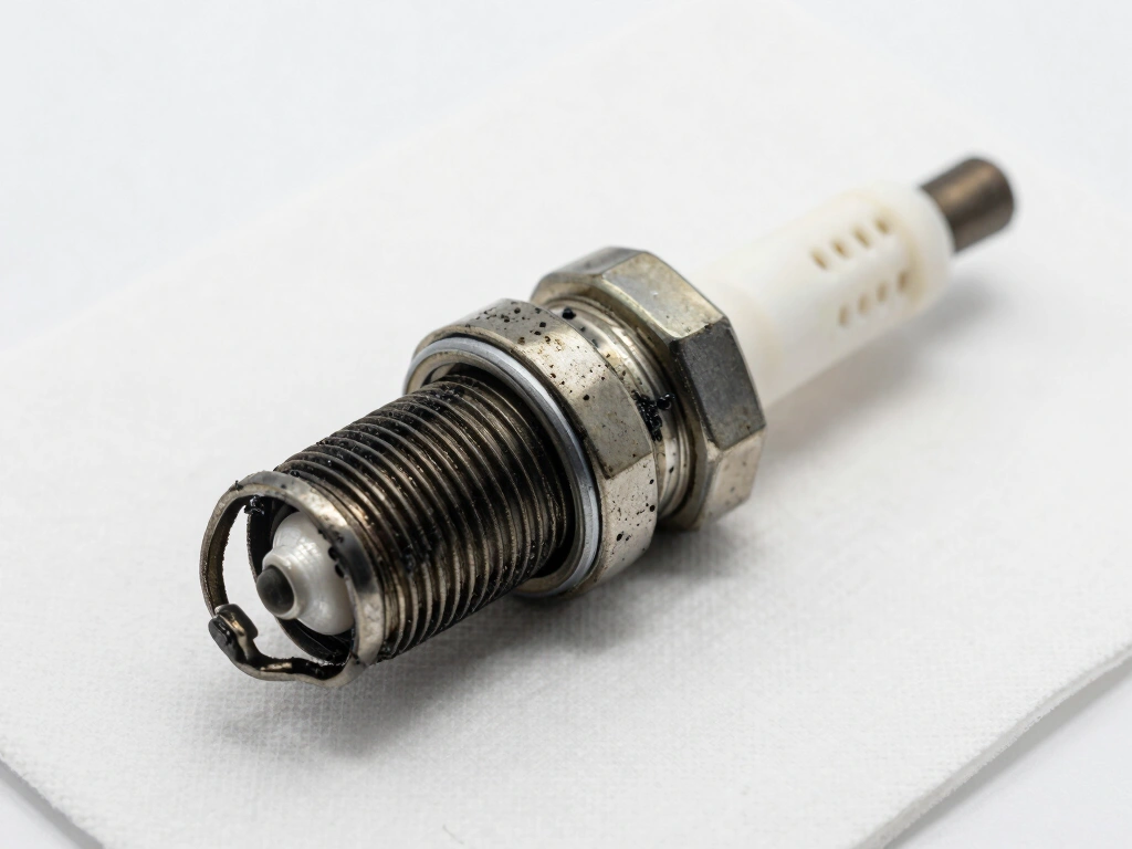 Single spark plug with heavily oil-fouled black carbon deposits on the electrode, laid on a white shop rag under studio lighting