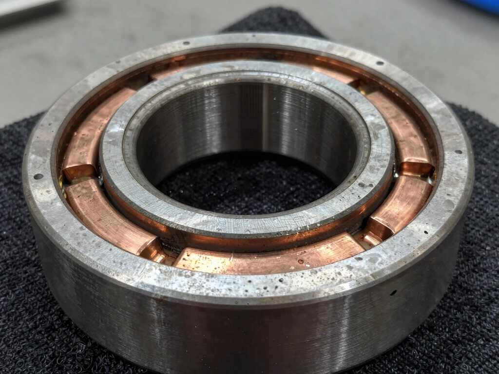 Close-up of a worn engine bearing shell showing copper-colored bearing material with visible scoring and wear patterns across the surface, harsh workshop lighting revealing the metallic damage, technical documentary style, no text, no watermarks