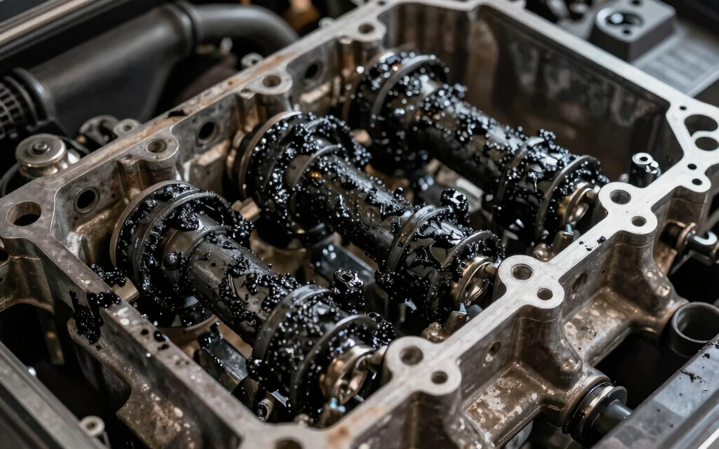 Close-up of an open valve cover on a four-cylinder engine showing thick dark sludge deposits coating the camshaft towers and surrounding metal surfaces