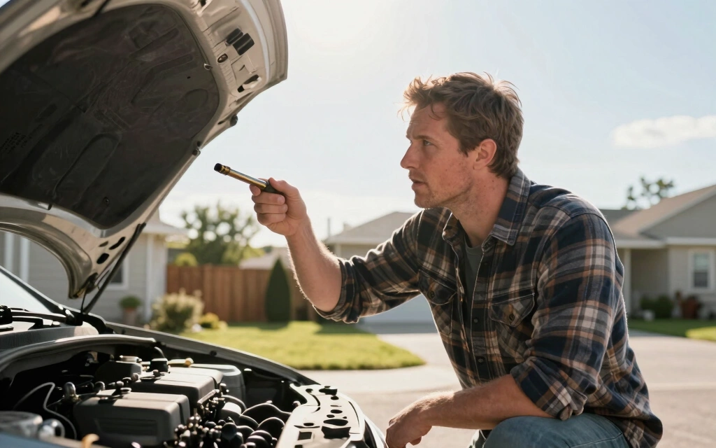 Caucasian man in his 30s kneeling beside an open car hood in a residential driveway, holding an oil dipstick up to the light and examining the residue closely