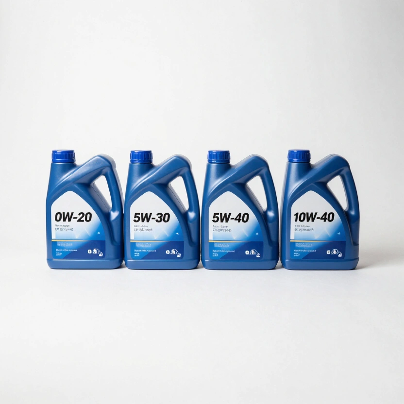 Studio flat-lay of four motor oil bottles (0W-20, 5W-30, 5W-40, 10W-40) arranged side by side on white background with industrial overhead lighting, cool blue-white tones, no labels visible from front except grade markings