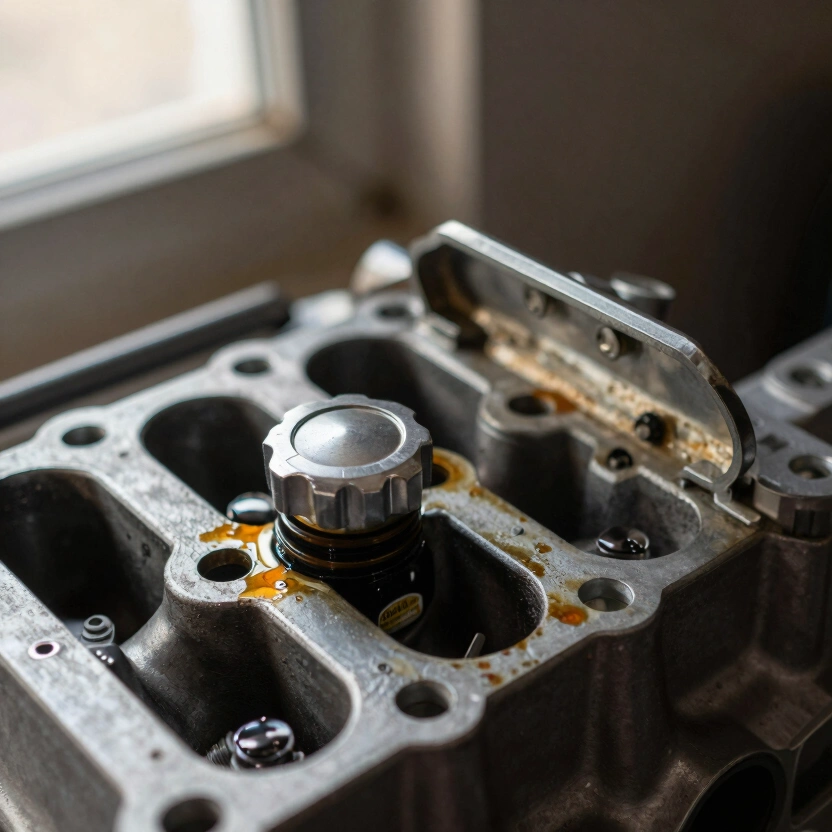 Close-up of an engine oil cap showing &ldquo;5W-30&rdquo; stamping, dull aluminum surface with slight oil residue around the threads, natural workshop lighting, shallow depth of field with engine bay blurred in background