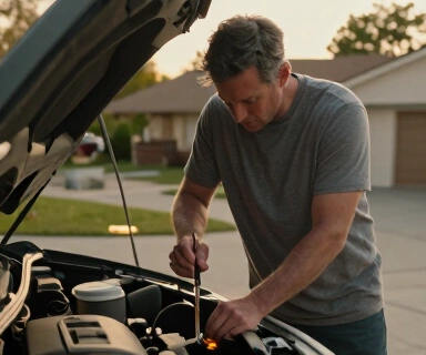 Caucasian man in his 40s pulling a dipstick from an engine bay and inspecting oil color in late afternoon sunlight, suburban driveway, casual clothing, focused expression, warm amber light on dark engine components, no text, no watermarks