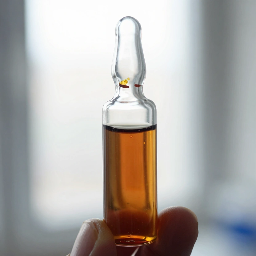 Close-up of a small clear vial of used motor oil held up to light, amber-brown slightly darkened oil sample against blurred bright window light, clinical and technical feeling, soft shadows, no text, no watermarks