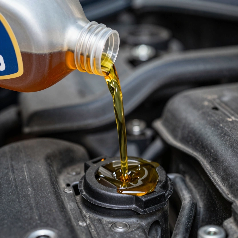 Close-up of a fresh oil pour into an engine filler cap, stream of amber-gold full synthetic motor oil catching light against a dark engine bay, workshop lighting, no text, no watermarks