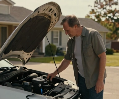 Caucasian man in his 40s checking a dipstick in the driveway of a suburban home, casual weekend clothing, afternoon sunlight, open hood of a mid-size sedan, relaxed expression, no text, no watermarks