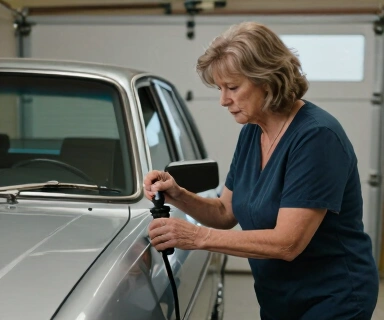 Caucasian woman in her 60s checking a motor oil dipstick beside an older sedan in a garage, low mileage on cars driven infrequently, soft indoor lighting, focused careful expression, no text, no watermarks