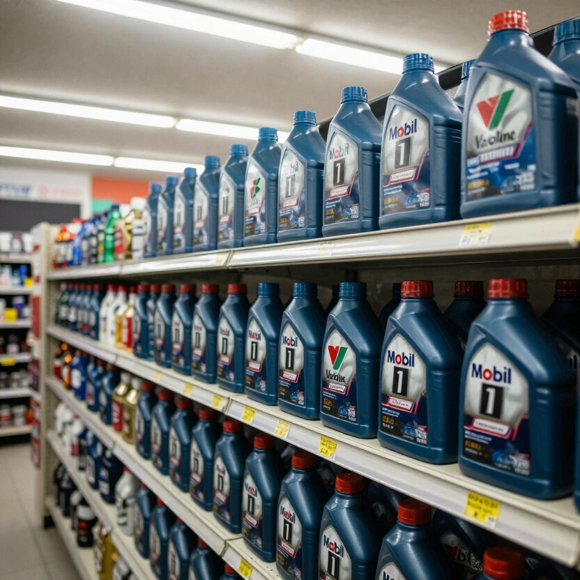 Motor oil aisle at an auto parts store showing synthetic oil options