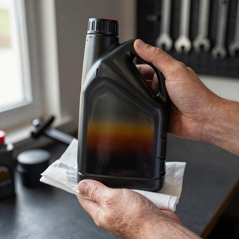 Used motor oil on a dipstick showing dark contaminated oil color