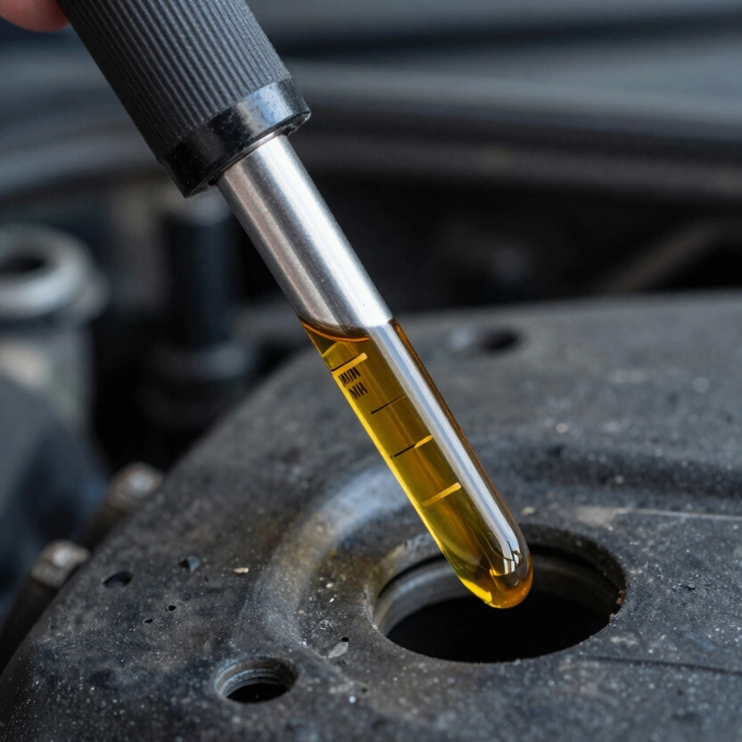 Close-up macro of dipstick pulled from engine bay at slight angle, oil film clearly visible on metal against dark engine background, amber oil catching afternoon light, sharp detail on MIN and MAX notches, engine components blurred in background