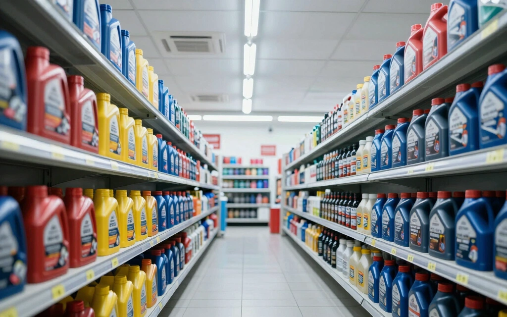 Motor oil aisle at an auto parts store showing synthetic and conventional oil options from multiple brands on shelves