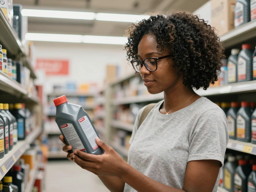 Black woman reading the back of a motor oil bottle in an auto parts store, checking certifications under store lighting