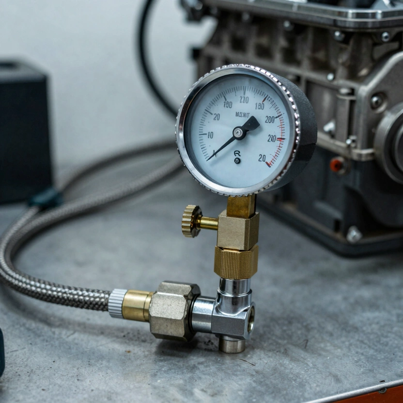 Close-up of a mechanical oil pressure gauge mounted to an engine block test port, analog dial showing PSI reading, background of engine components, workshop lighting, no text on gauge visible, no watermarks