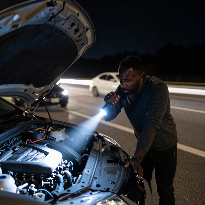 Black man in his 30s crouched beside an open car hood at night on the side of a highway, flashlight in hand examining the engine bay, headlights of passing cars creating light trails in background, cool blue-white flashlight illumination against dark night, serious focused expression, no text, no watermarks