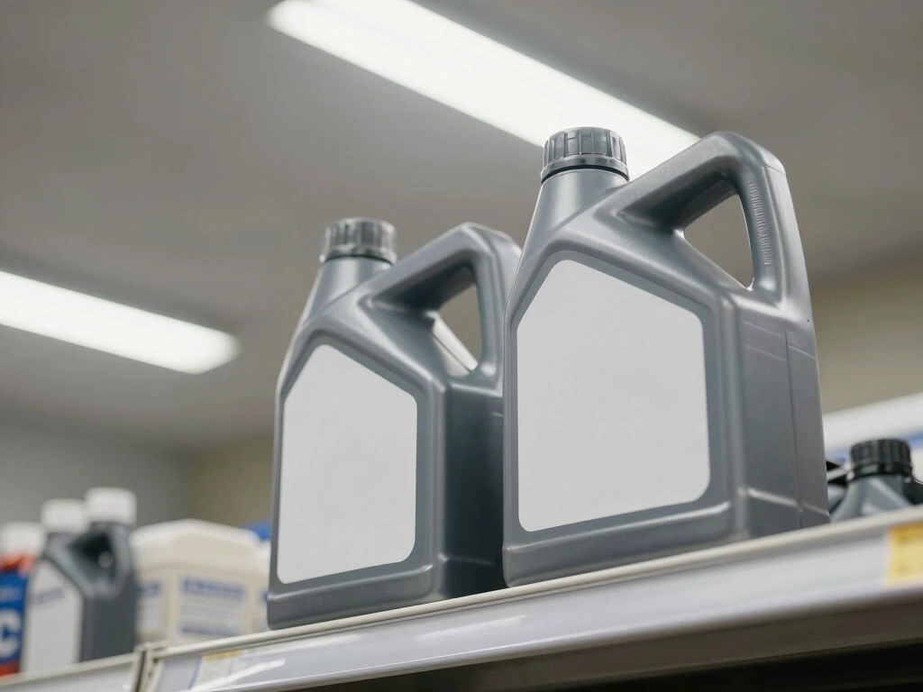 Two motor oil bottles on a workshop shelf viewed from low angle, rim lighting from overhead fluorescent lights, cool neutral palette