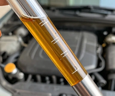 Amber-colored fresh motor oil on a dipstick held at an angle in natural garage lighting, honey-toned oil catching warm overhead light, clean metal background, close-up macro focus, no text, no watermarks