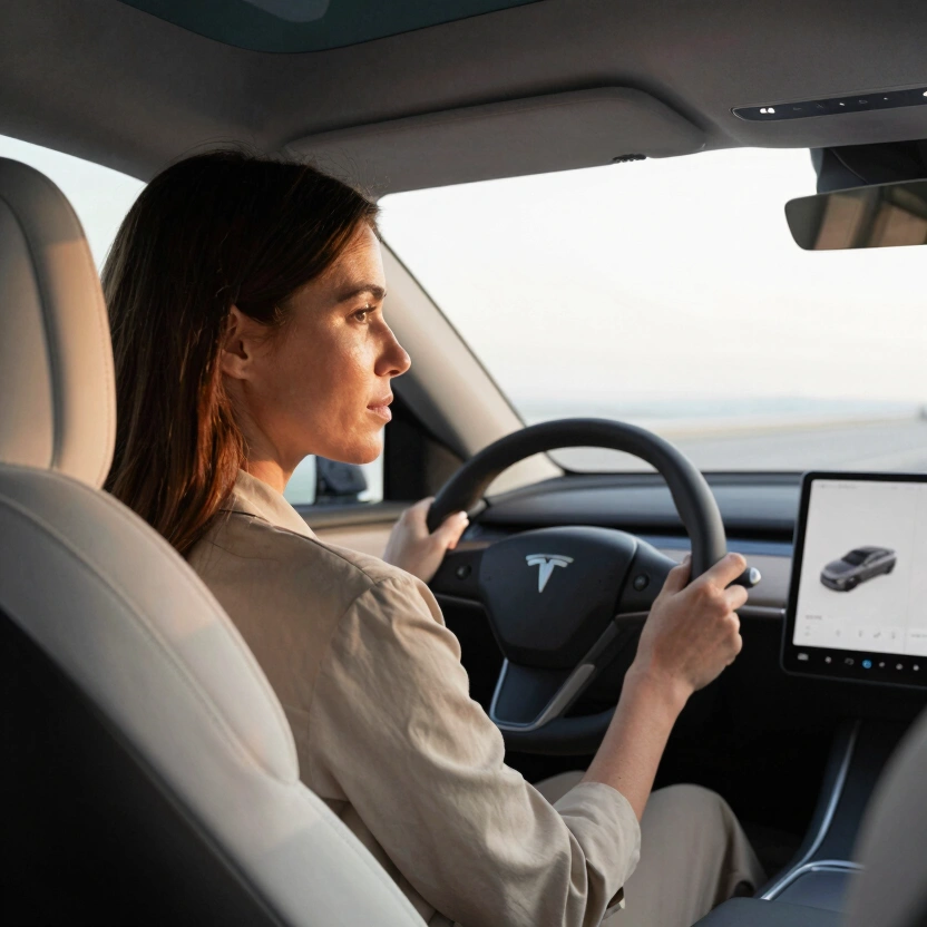 Caucasian woman in her 30s sitting in a car interior, camera view over her shoulder showing the digital dashboard display with oil life percentage indicator showing 15%, late afternoon light through windshield, modern car interior, no text, no watermarks