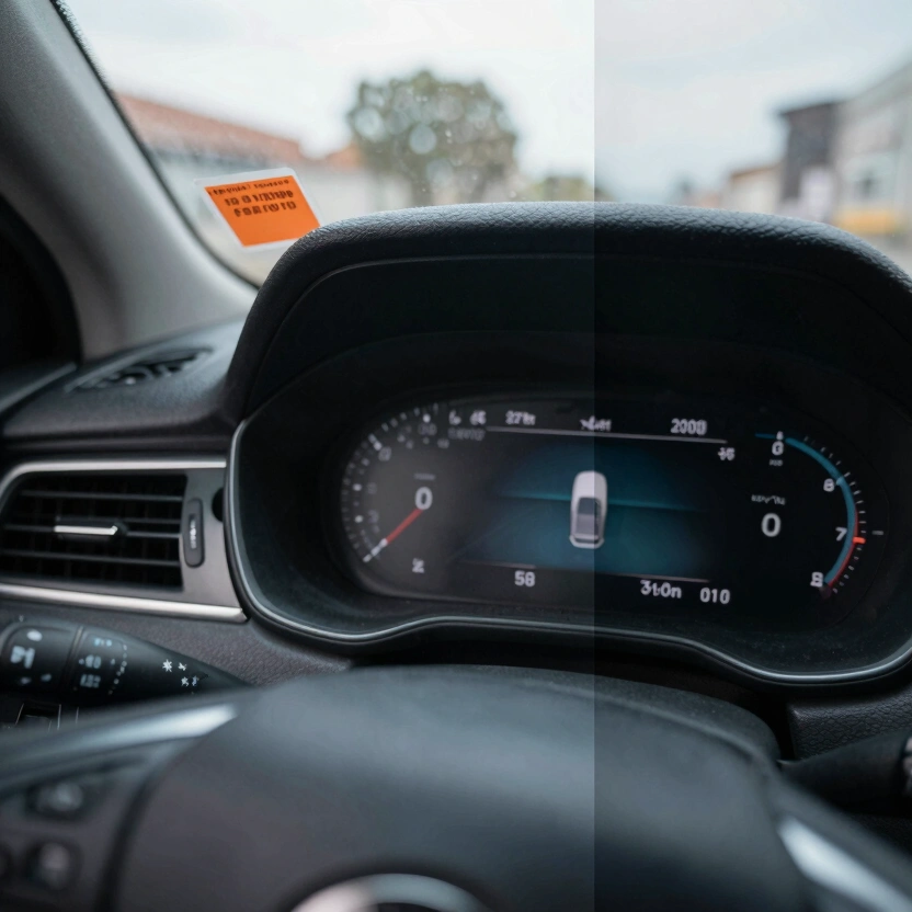 Split composition showing an orange oil change reminder sticker on a windshield corner versus a modern digital instrument cluster oil life display, contrasting analog and digital maintenance reminders, cool morning light, muted automotive tones, no readable text, no watermarks