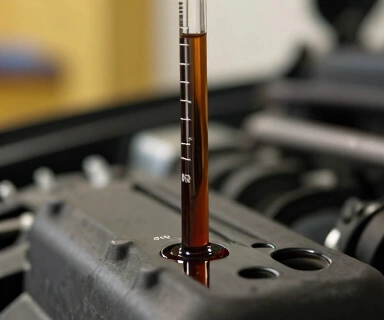 Close-up of a dipstick showing oil level clearly above the MAX marking, clean garage lighting, oil-wetted metal surface, measurement marks visible, no text, no watermarks