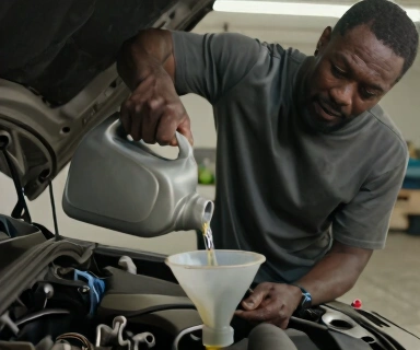 Black man in his 40s carefully pouring motor oil into an engine bay using a funnel, concentrated expression watching the pour, garage setting with concrete floor, workshop lighting, no text, no watermarks
