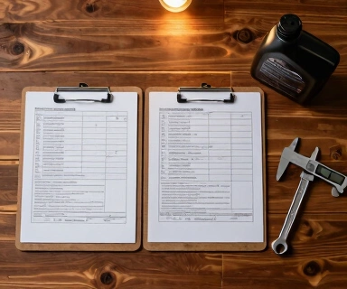 Garage workbench close-up of two used-oil analysis report printouts spread across a clipboard with handwritten mileage and date notes in the margins, calipers and a torque wrench in the foreground, an empty 5-quart oil bottle in soft focus background, single warm work light from above casting natural shadows, no text visible to read on the printouts, neutral wood-grain and amber tones, no watermarks
