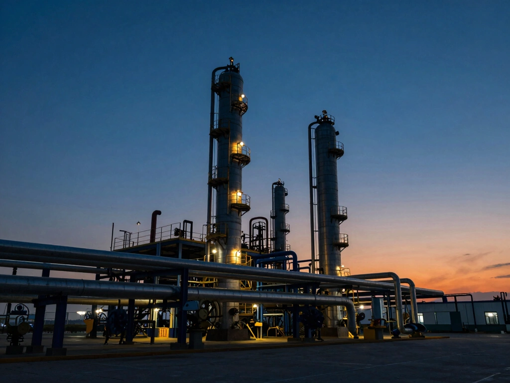 Natural gas processing facility at dusk, industrial steel pipes and towers silhouetted against deep blue sky with orange horizon, wide angle industrial photograph