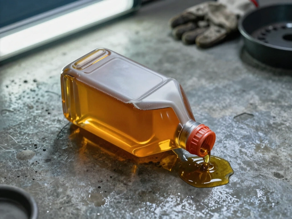 Overhead view of a large motor oil jug tipped on its side on worn concrete garage floor, golden amber synthetic oil pooling beside it, harsh overhead fluorescent light casting hard shadows, mechanic&rsquo;s work gloves and drain pan visible in background, industrial color palette, no text, no watermarks