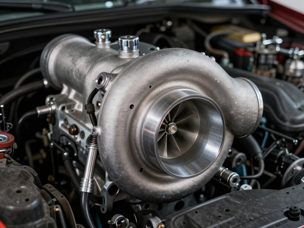 Close-up of a turbocharger housing mounted on an engine block, polished silver aluminum casing with oil feed line attached, workshop lighting highlighting the precision metalwork