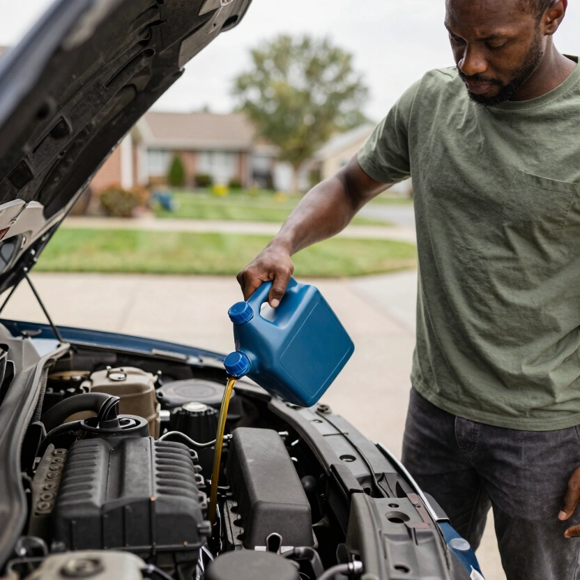 Person adding motor oil to a car engine in a residential driveway showing everyday oil maintenance