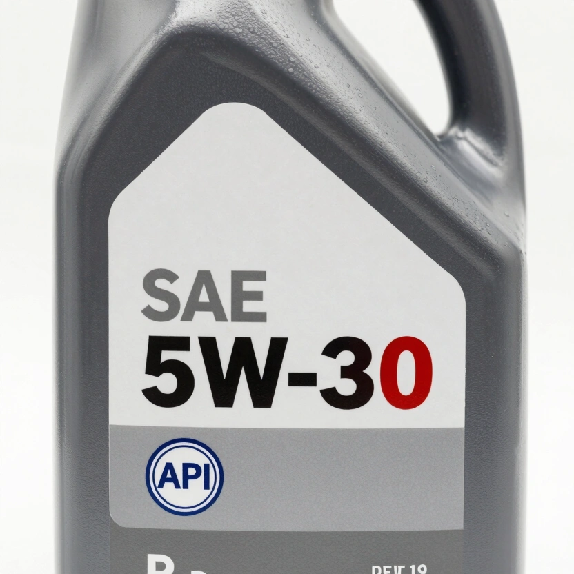 Close-up of motor oil bottle label showing the SAE 5W-30 viscosity grade marking and API certification donut, clean product photography, white background, sharp focus on certification symbols, no other text visible, no watermarks