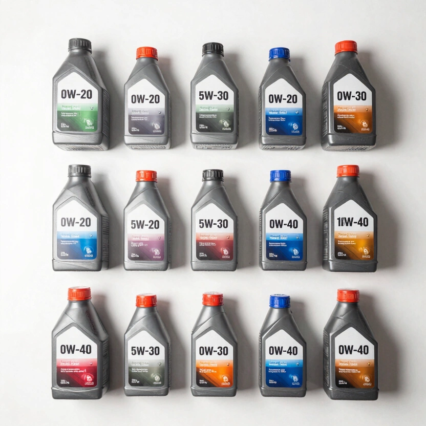 Overhead view of multiple motor oil bottles arranged on a white surface showing different viscosity grade labels - 0W-20, 5W-30, 10W-40 - studio lighting, clean organized product shot, no readable text beyond grade markings, no watermarks