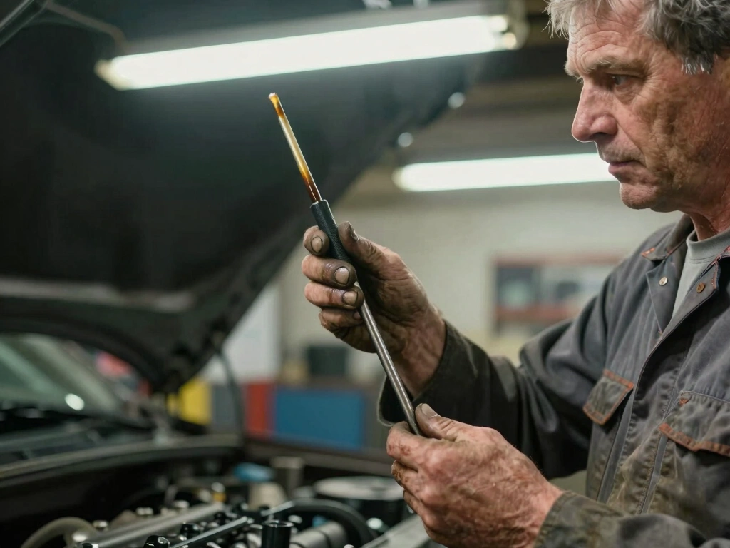 Mechanic holding a dipstick up to shop lighting to inspect the oil color and level, grimy hands and worn shop towel in foreground, engine bay visible behind