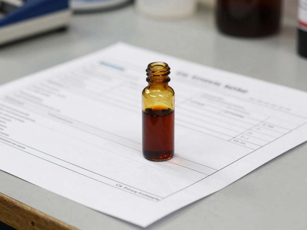 Used oil analysis sample bottle kit next to a folded lab report on a garage workbench, amber oil residue visible, clean overhead lighting