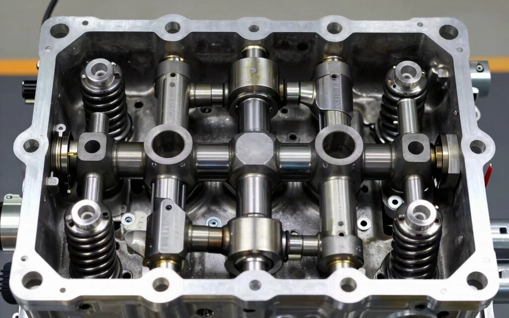Engine close-up showing the valve train area with camshaft, lifters and valves visible, under bright workshop lighting on a clean metal surface