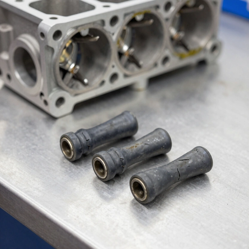 Close-up of disassembled cylinder head with worn rubber valve stem seals visible, three seals removed showing cracked and hardened rubber, workshop lighting on aluminum casting, oil staining visible around valve guides, no text, no watermarks