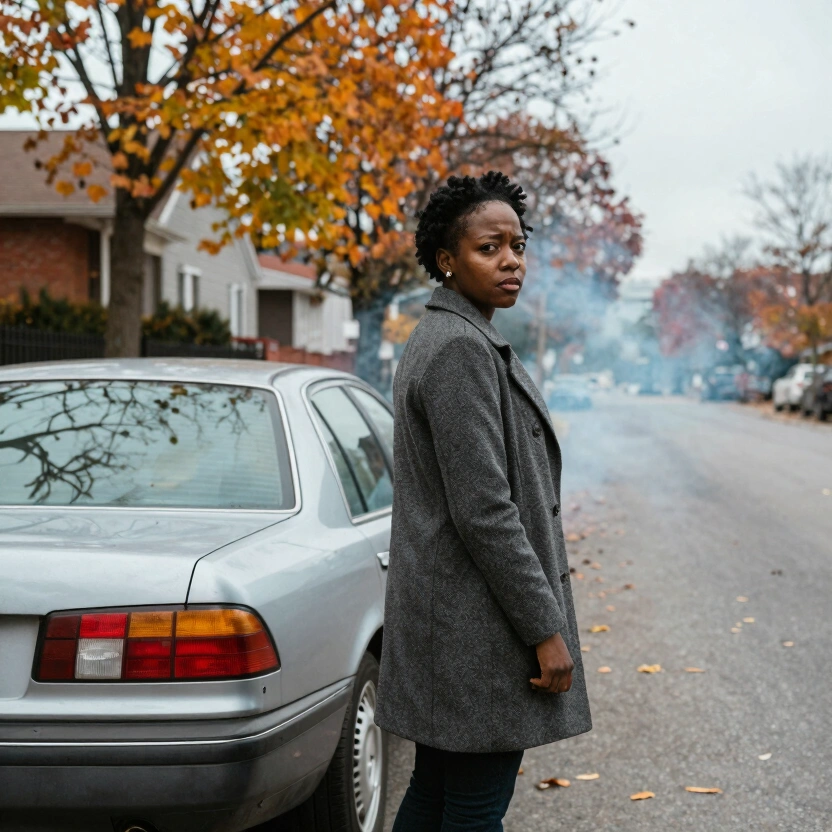 Black woman in her 30s standing next to an older sedan in a residential street, looking at blue exhaust smoke from tailpipe, autumn trees visible, overcast daylight, worried expression, medium distance shot showing both person and car, no text, no watermarks